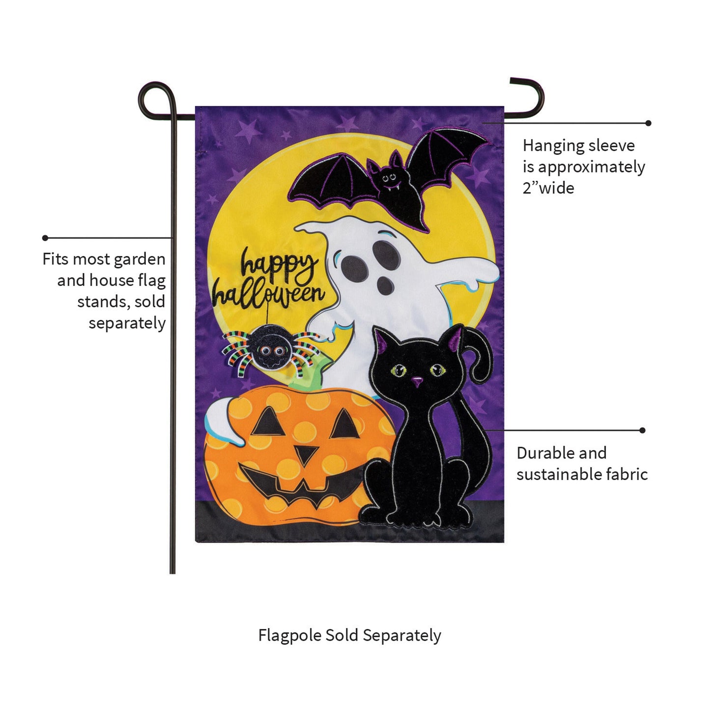 Halloween Friends Applique Flag with purple design featuring ghost, pumpkin, bat, and cat on Tampa Home & Garden Store