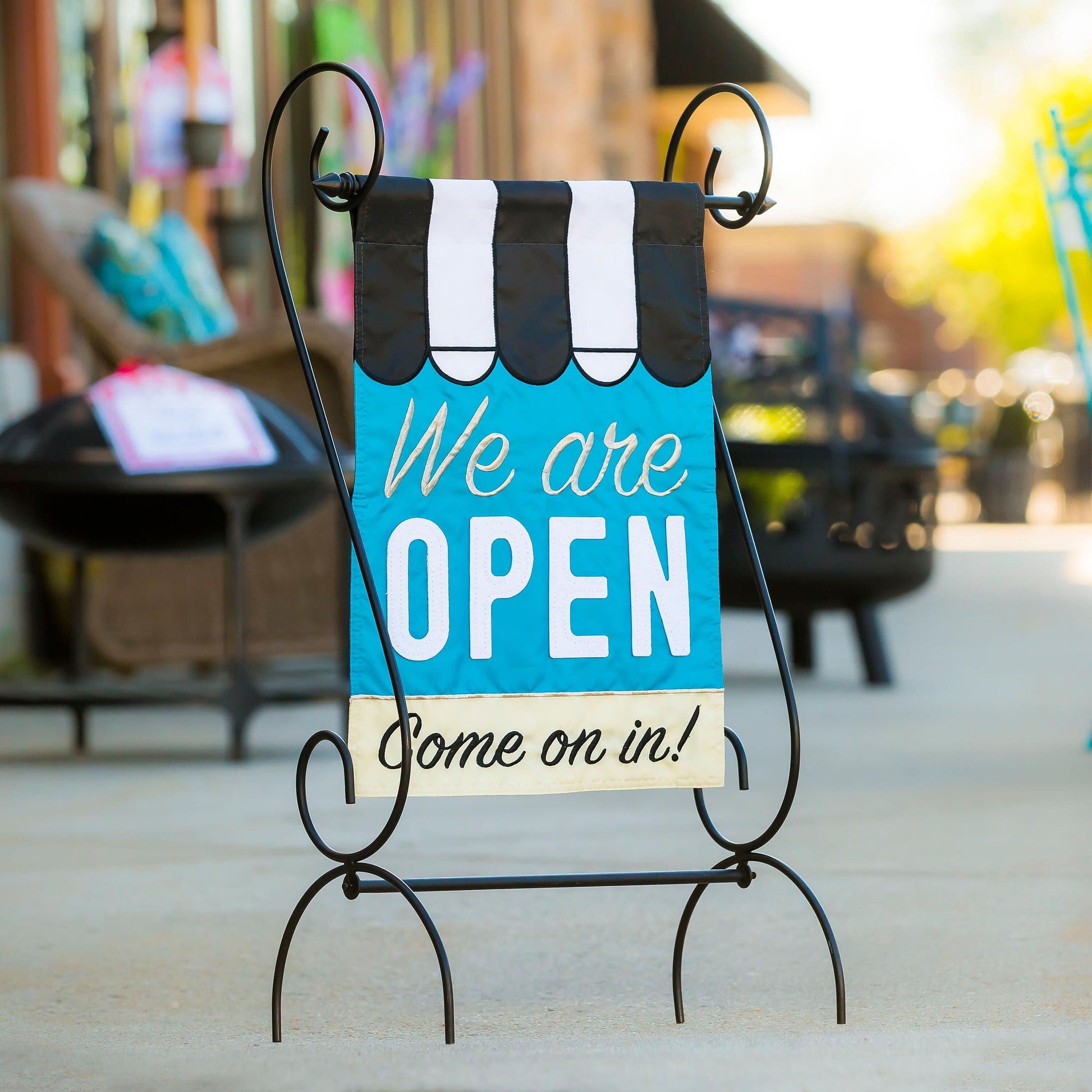 We Are Open Garden Applique Flag turquoise background with black white scalloped top Evergreen Enterprises - Wholesale Collective on Tampa Home & Garden Store