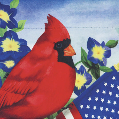 Cardinal Glory Suede Garden Flag by Evergreen Enterprises with red cardinal and blue flowers on a blue sky background on Tampa Home & Garden Store