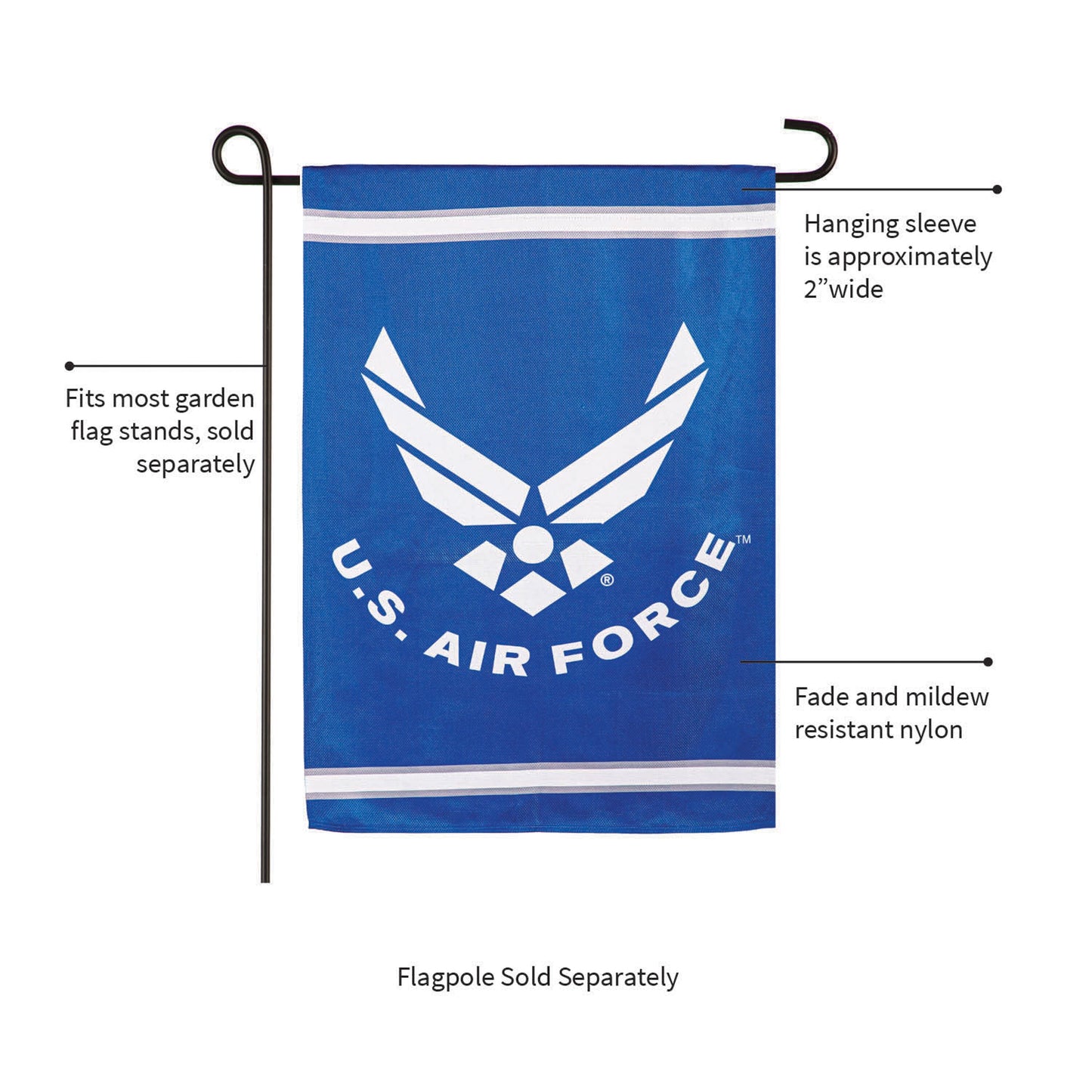 Embossed suede flag blue Air Force emblem with hanging sleeve approx 2-inch wide garden size Evergreen Enterprises on Tampa Home & Garden Store