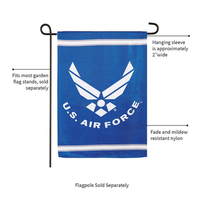Embossed suede flag blue Air Force emblem with hanging sleeve approx 2-inch wide garden size Evergreen Enterprises on Tampa Home & Garden Store