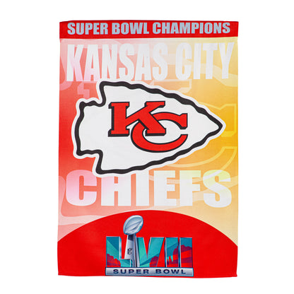 Embossed suede flag Kansas City Chiefs Champions with KC logo on red gold background house size on Tampa Home & Garden Store