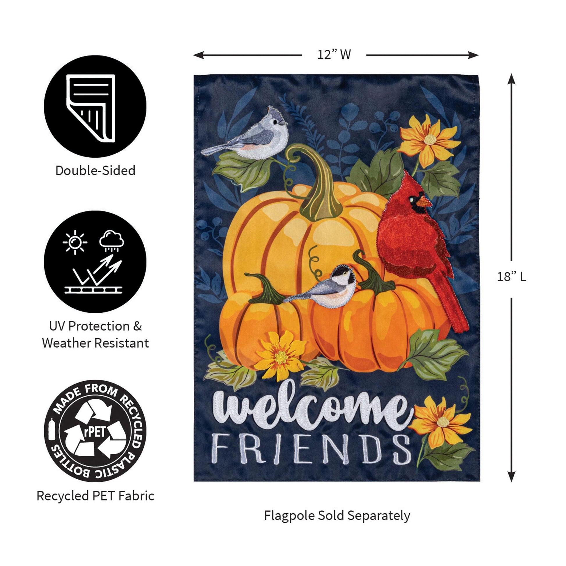 Applique garden flag Welcome Friends of Fall with pumpkin and flowers on blue fabric on Tampa Home & Garden Store