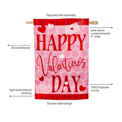 Applique house flag Happy Valentine's Day Hearts in pink and red, polyester canvas on Tampa Home & Garden Store