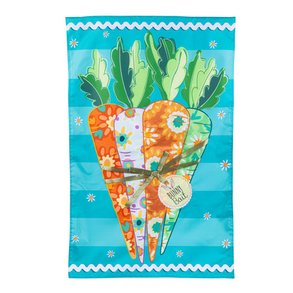 Bunny Bait Bunch Applique House Flag turquoise background with colorful carrot bouquet on Tampa Home & Garden Store