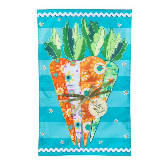 Bunny Bait Bunch Applique House Flag turquoise background with colorful carrot bouquet on Tampa Home & Garden Store