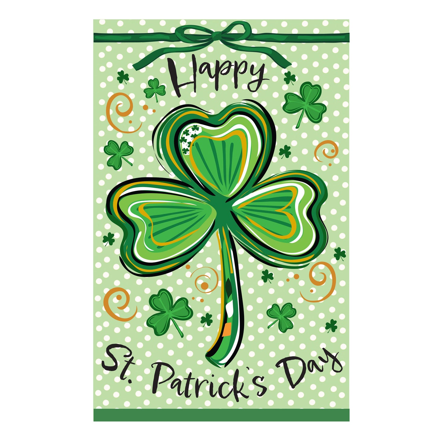 Happy St. Patrick's Day Shamrock Applique Flag mint backdrop with green shamrock motif on Tampa Home & Garden Store