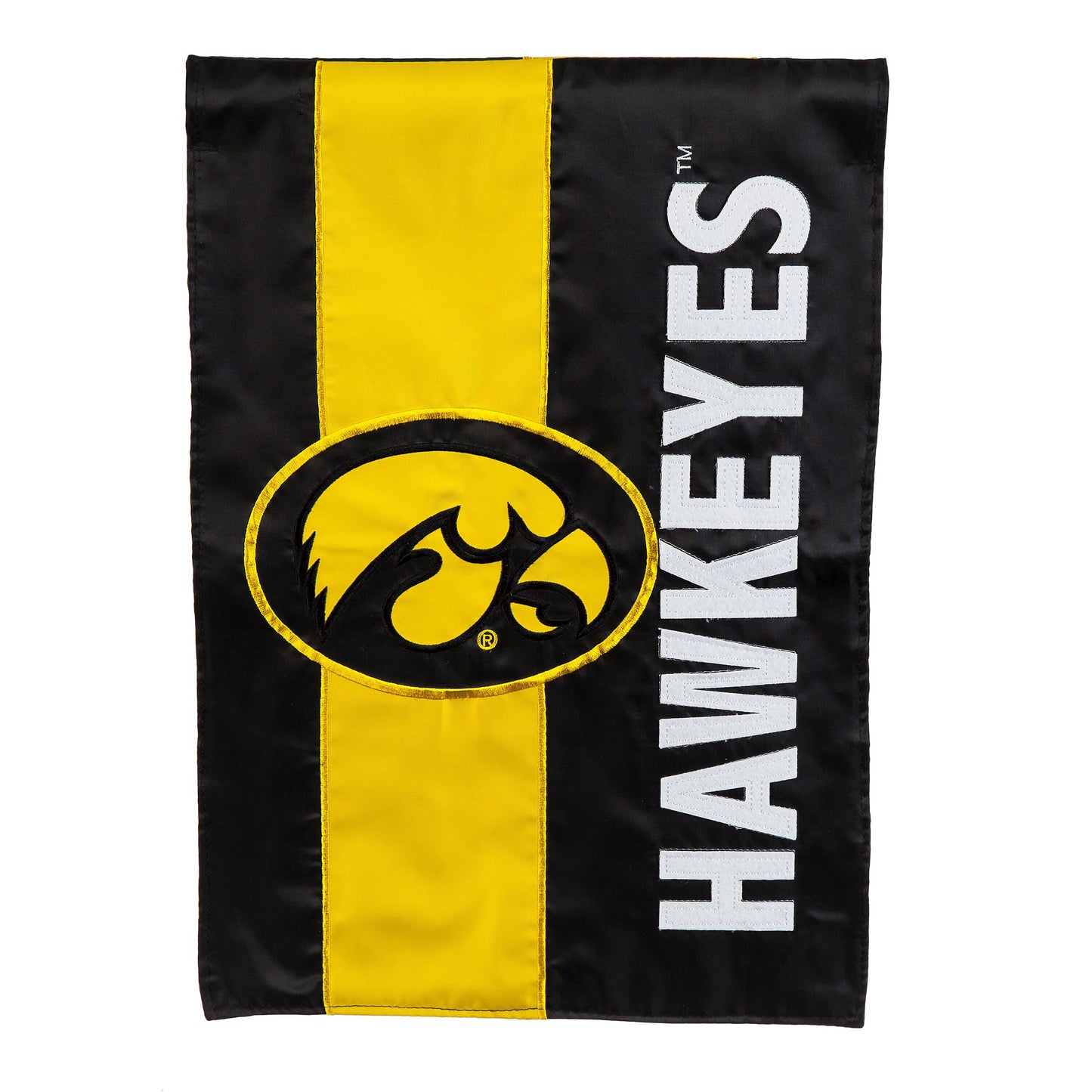 University of Iowa Embellished Garden Flag, black with yellow stripe and white IOWA letters on Tampa Home & Garden Store