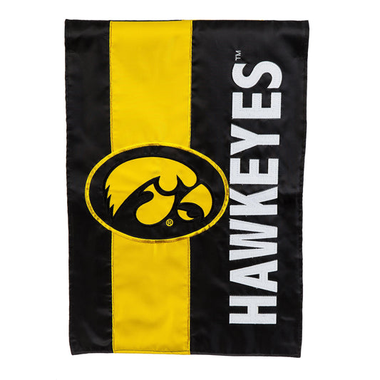 University of Iowa Embellished Garden Flag, black with yellow stripe and white IOWA letters on Tampa Home & Garden Store