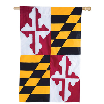 Maryland state flag applique with maroon left panel and white fleur-de-lis; gold black diagonals on Tampa Home & Garden Store