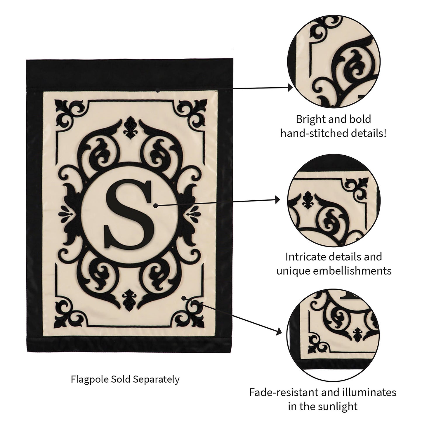 Cambridge Monogram Garden Applique Flag, Letter S beige field with black scrollwork border on Tampa Home & Garden Store