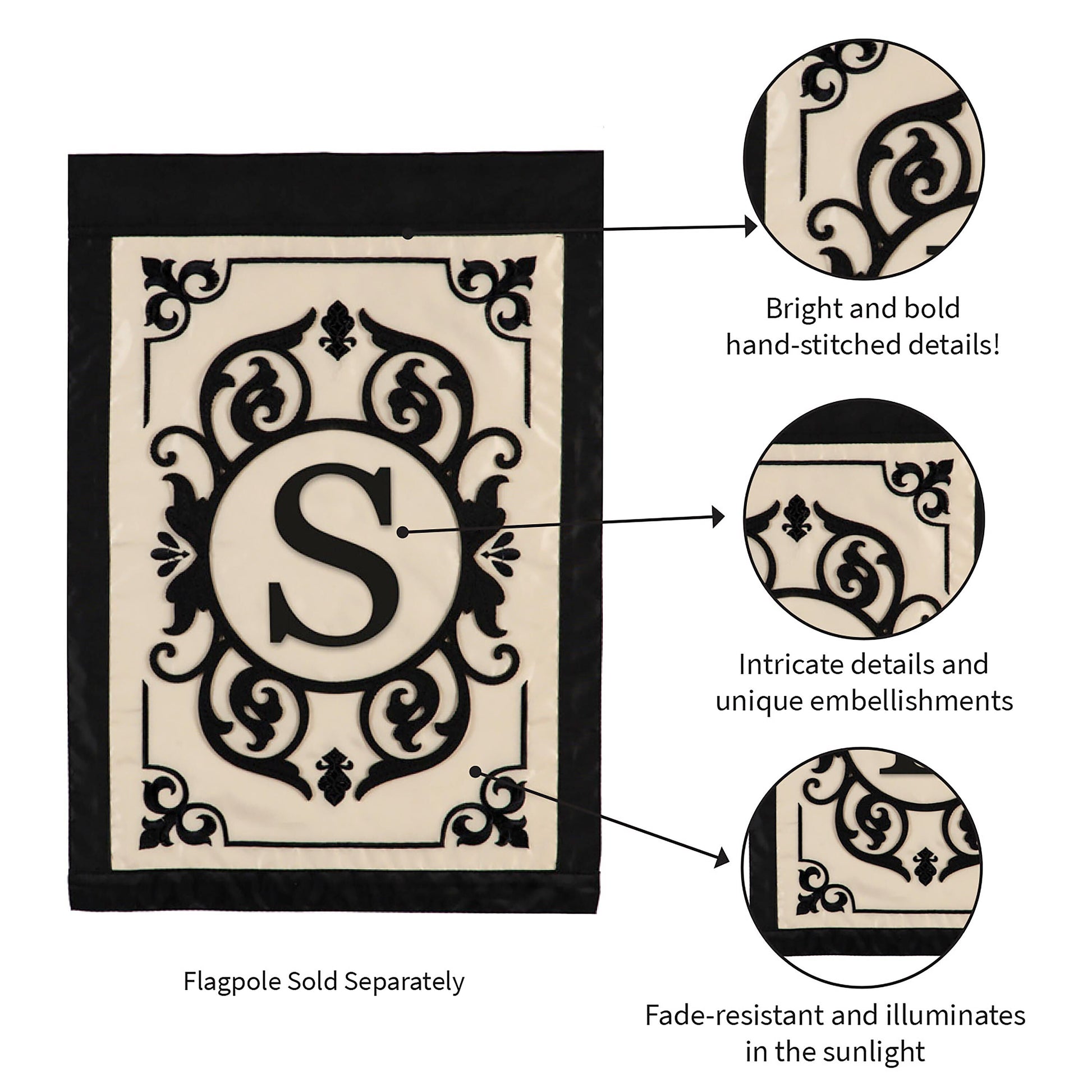 Cambridge Monogram Garden Applique Flag, Letter S beige field with black scrollwork border on Tampa Home & Garden Store