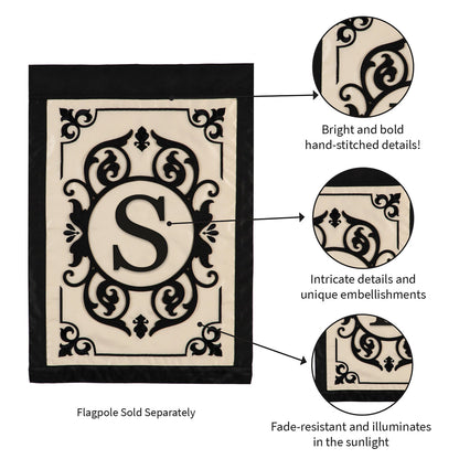 Cambridge Monogram Garden Applique Flag, Letter S beige field with black scrollwork border on Tampa Home & Garden Store