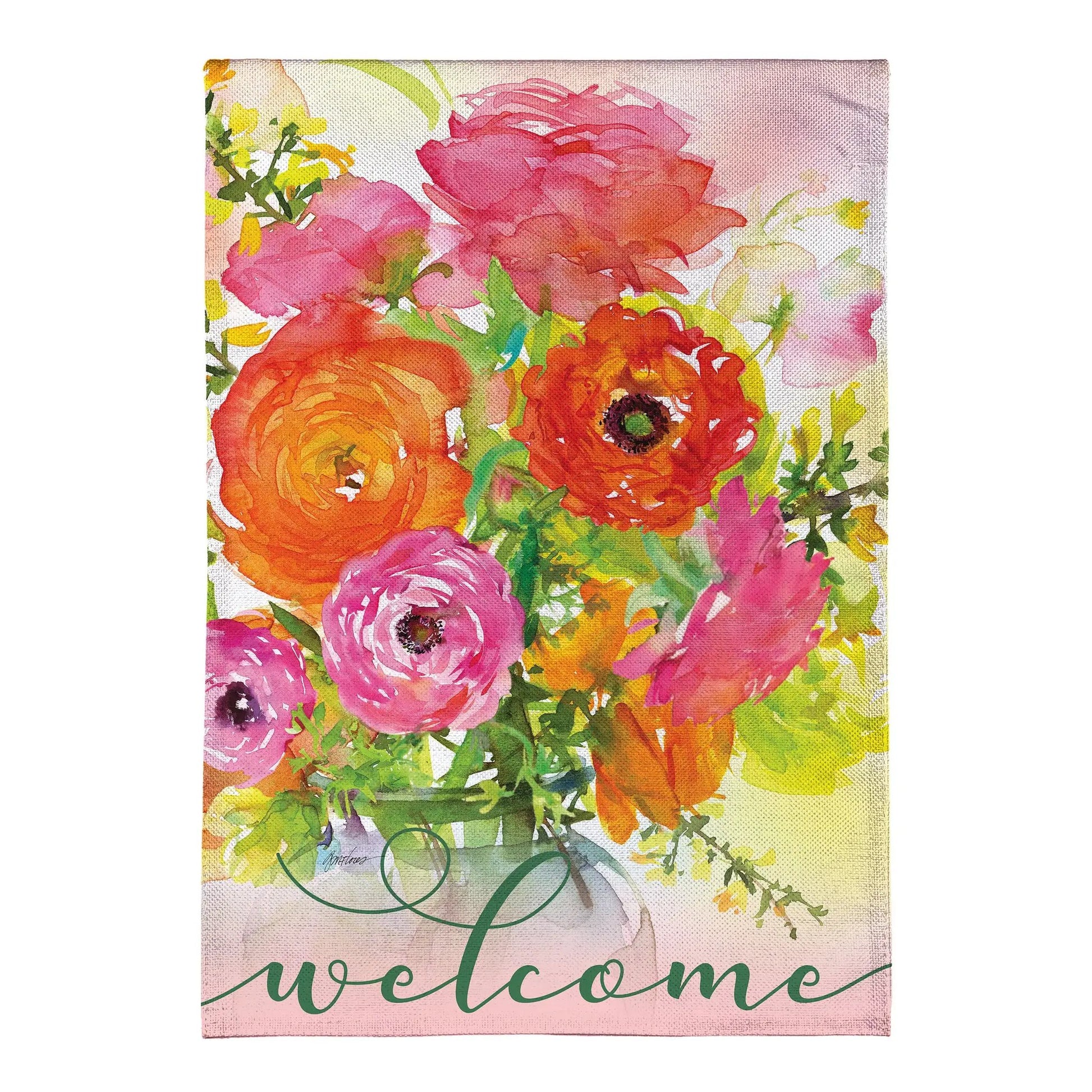 Ronunculus Welcome Burlap House Flag with vivid pink, orange, and yellow florals on burlap on Tampa Home & Garden Store