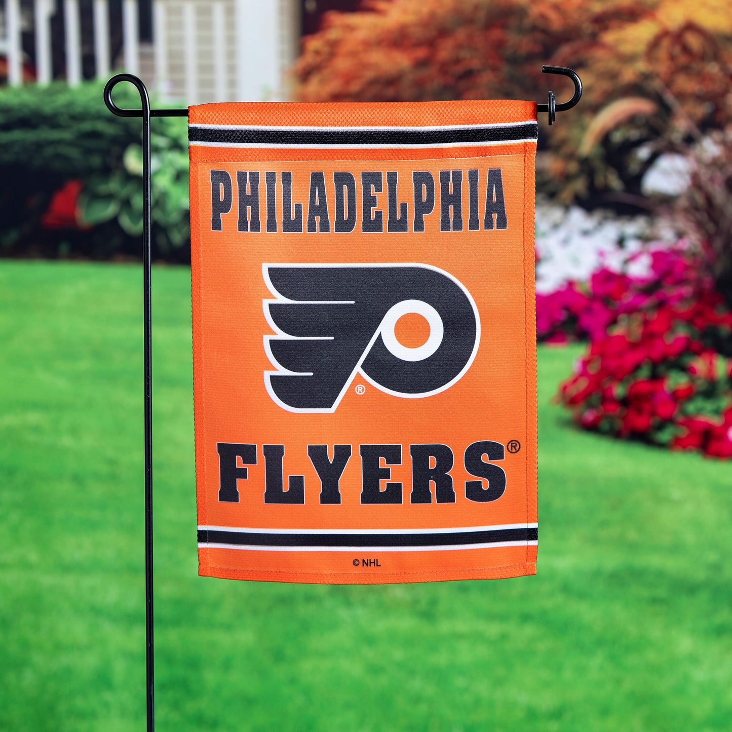 Philadelphia Flyers Embossed Suede Garden Flag orange with black/white stripe and NHL logo on Tampa Home & Garden Store