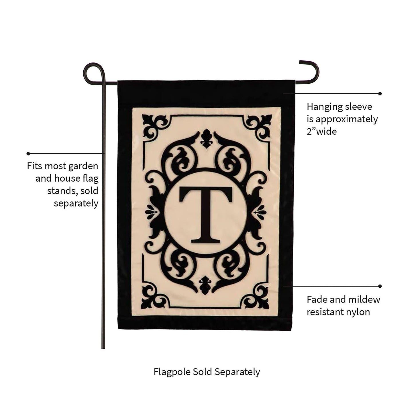 Cambridge Monogram Garden Applique Flag Letter T with beige central panel and black border on Tampa Home & Garden Store