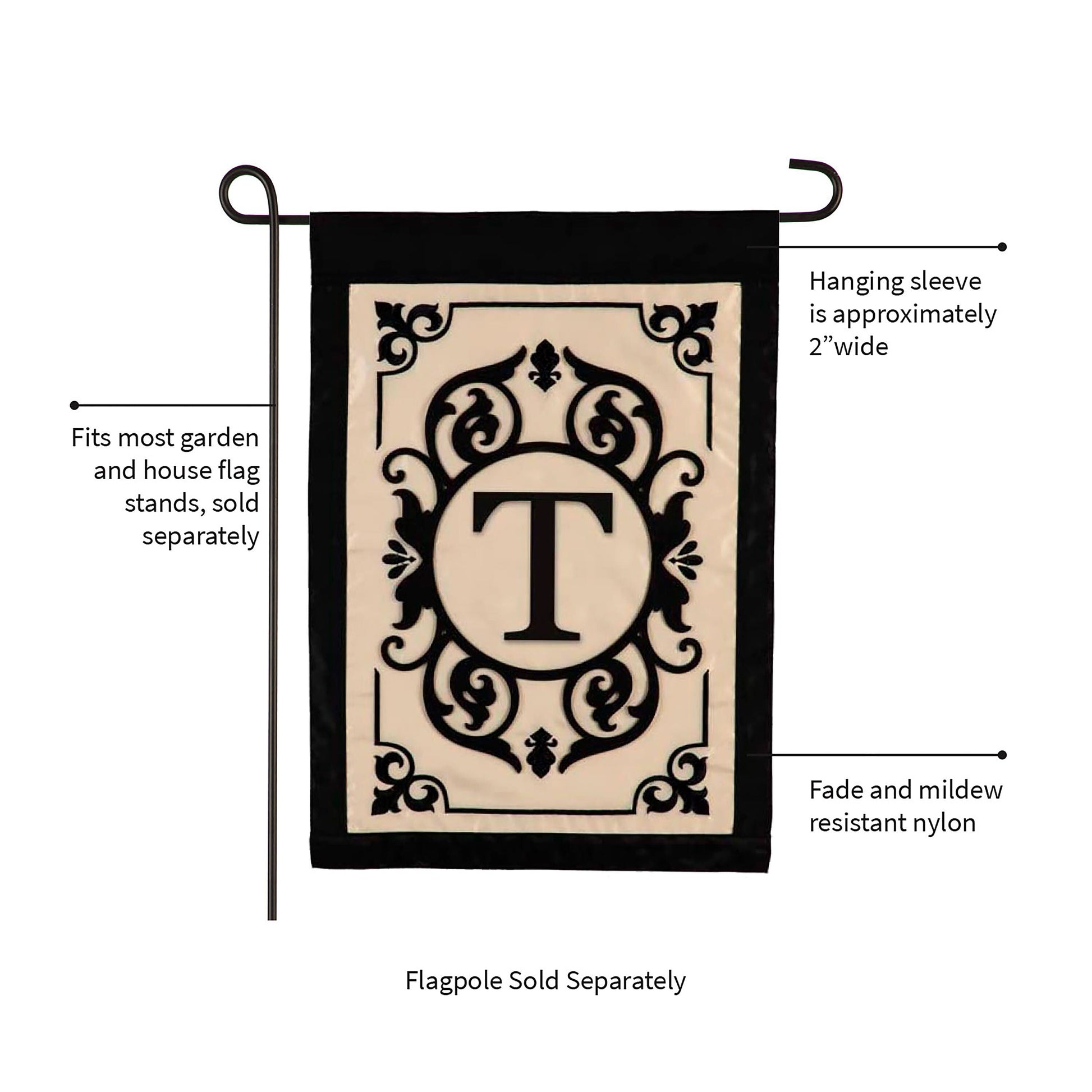Cambridge Monogram Garden Applique Flag Letter T with beige central panel and black border on Tampa Home & Garden Store