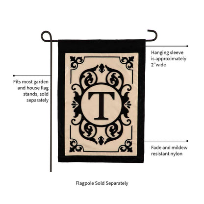 Cambridge Monogram Garden Applique Flag Letter T with beige central panel and black border on Tampa Home & Garden Store