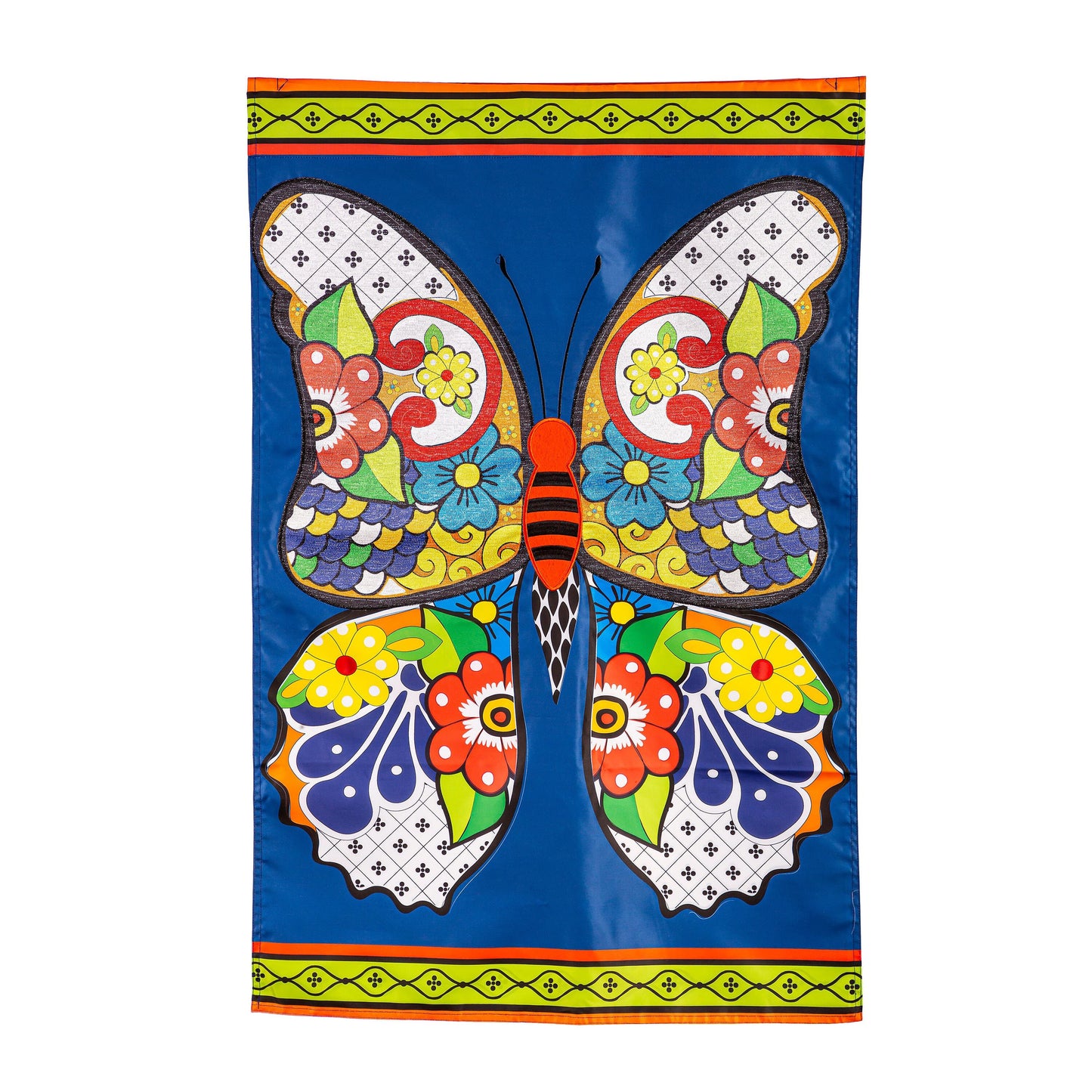 Talavera Butterfly Applique House Flag with vibrant butterfly wings by Evergreen Enterprises on Tampa Home & Garden Store