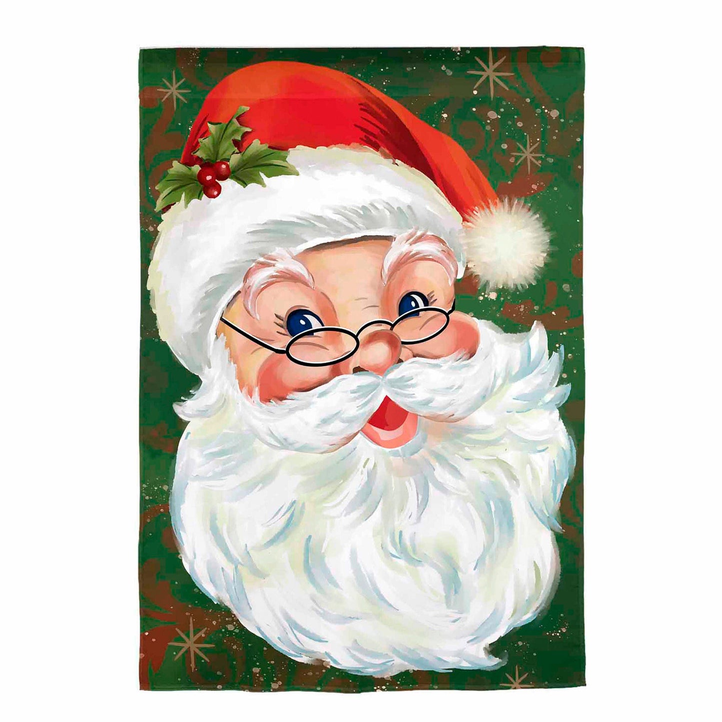 Merry Santa Applique House Flag Santa with red hat and white beard on green background on Tampa Home & Garden Store