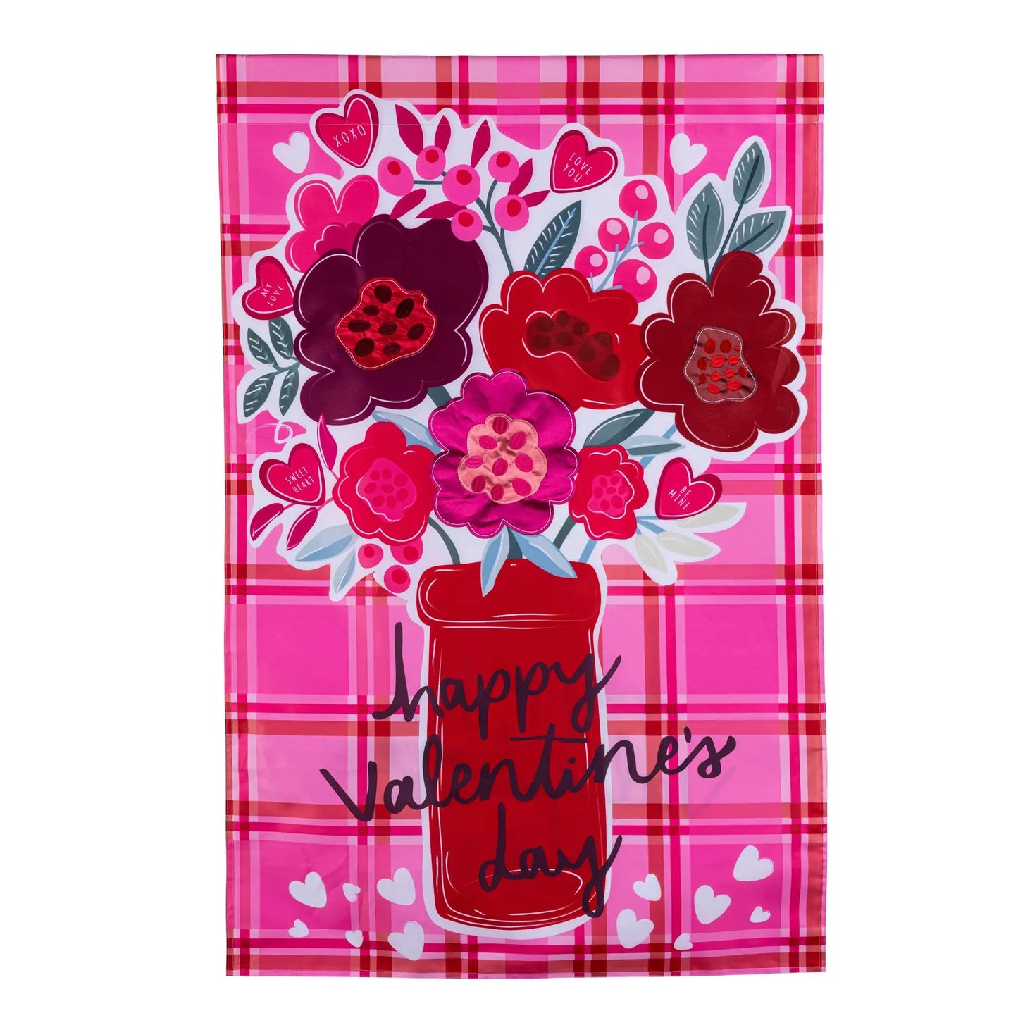 Valentines Day Plaid Applique House Flag pink plaid with red flowers on Tampa Home & Garden Store