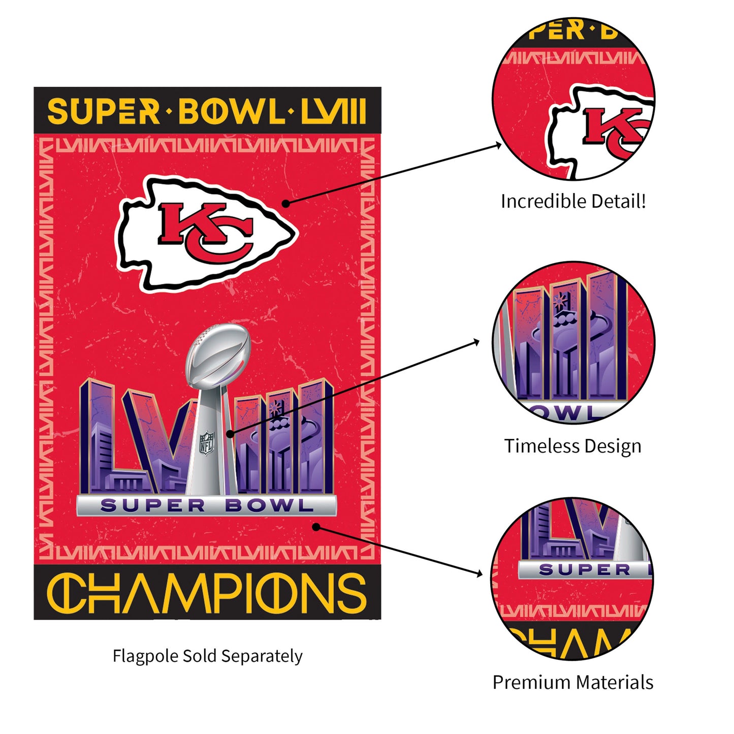 Kansas City Chiefs SB58 Champions suede house flag with red field, black header KC logo on Tampa Home & Garden Store