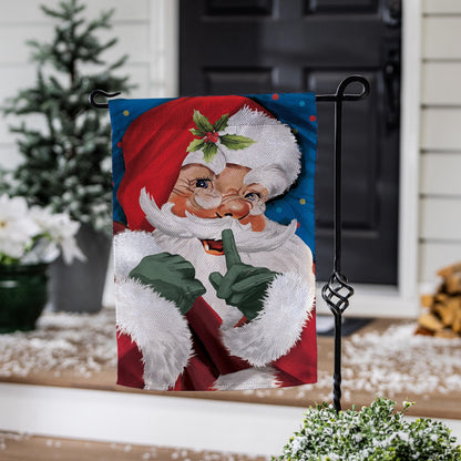 Traditional Santa Portrait Burlap Garden Flag with holly on blue background on Tampa Home & Garden Store