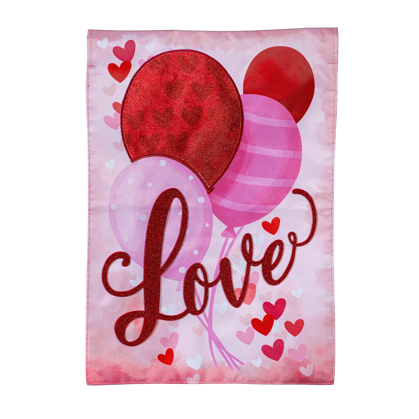 Valentine Love Balloon Applique Garden Flag pink background with glitter red balloon hearts on Tampa Home & Garden Store
