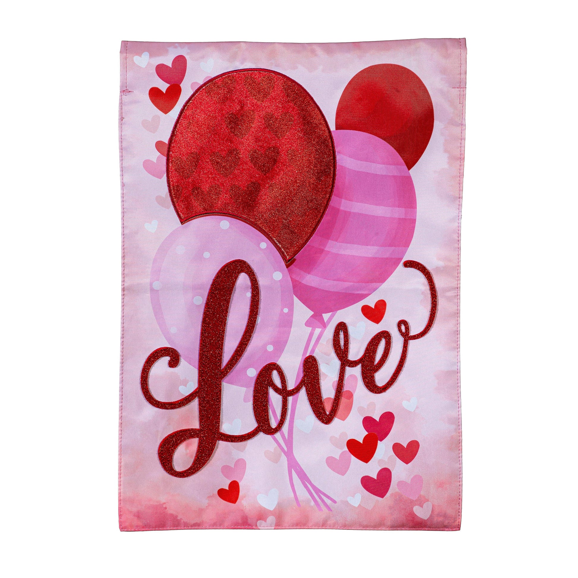 Valentine Love Balloon Applique Garden Flag pink background with glitter red balloon hearts on Tampa Home & Garden Store
