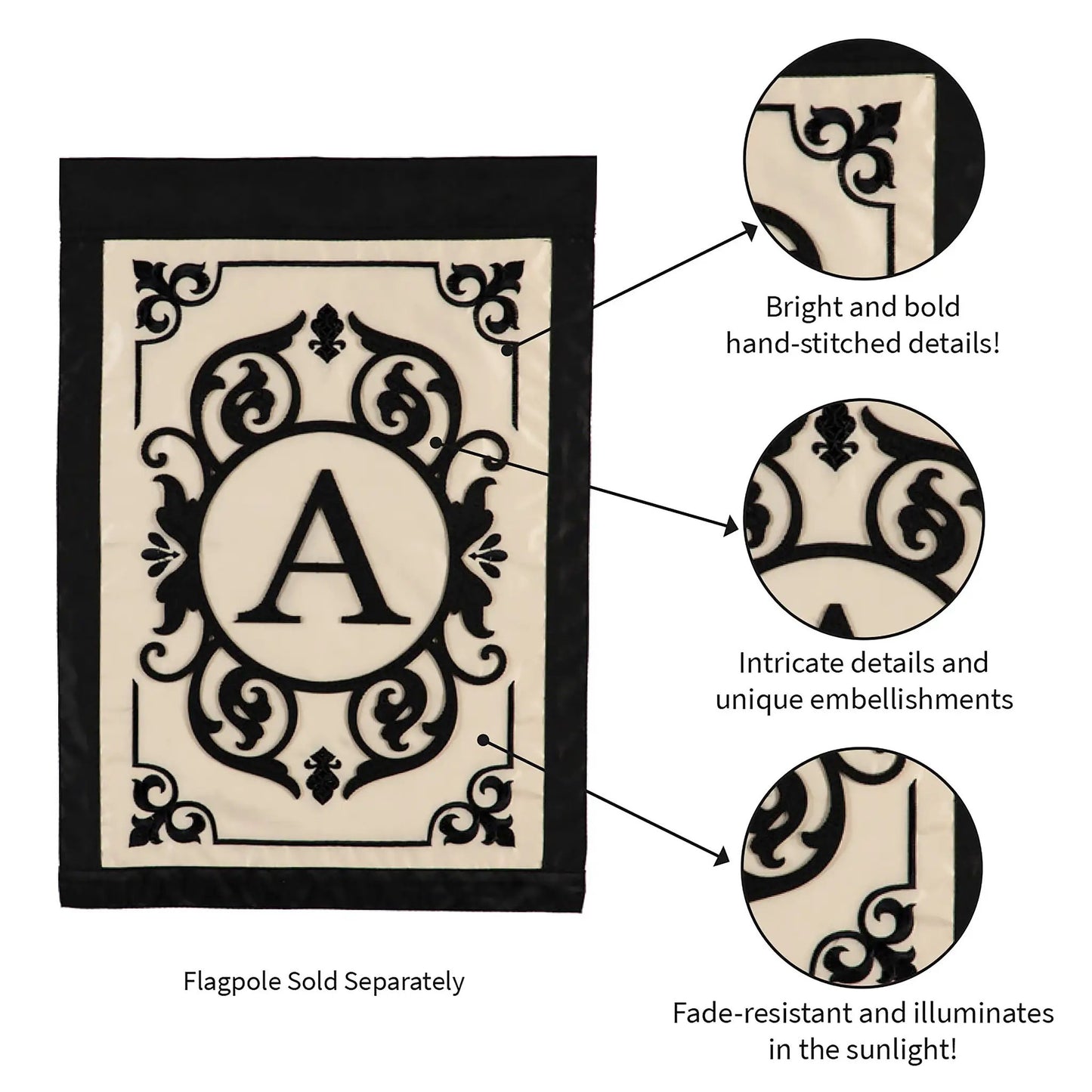 Cambridge Monogram Garden Applique Flag A with cream panel and black ornate scrollwork by Evergreen Enterprises on Tampa Home & Garden Store