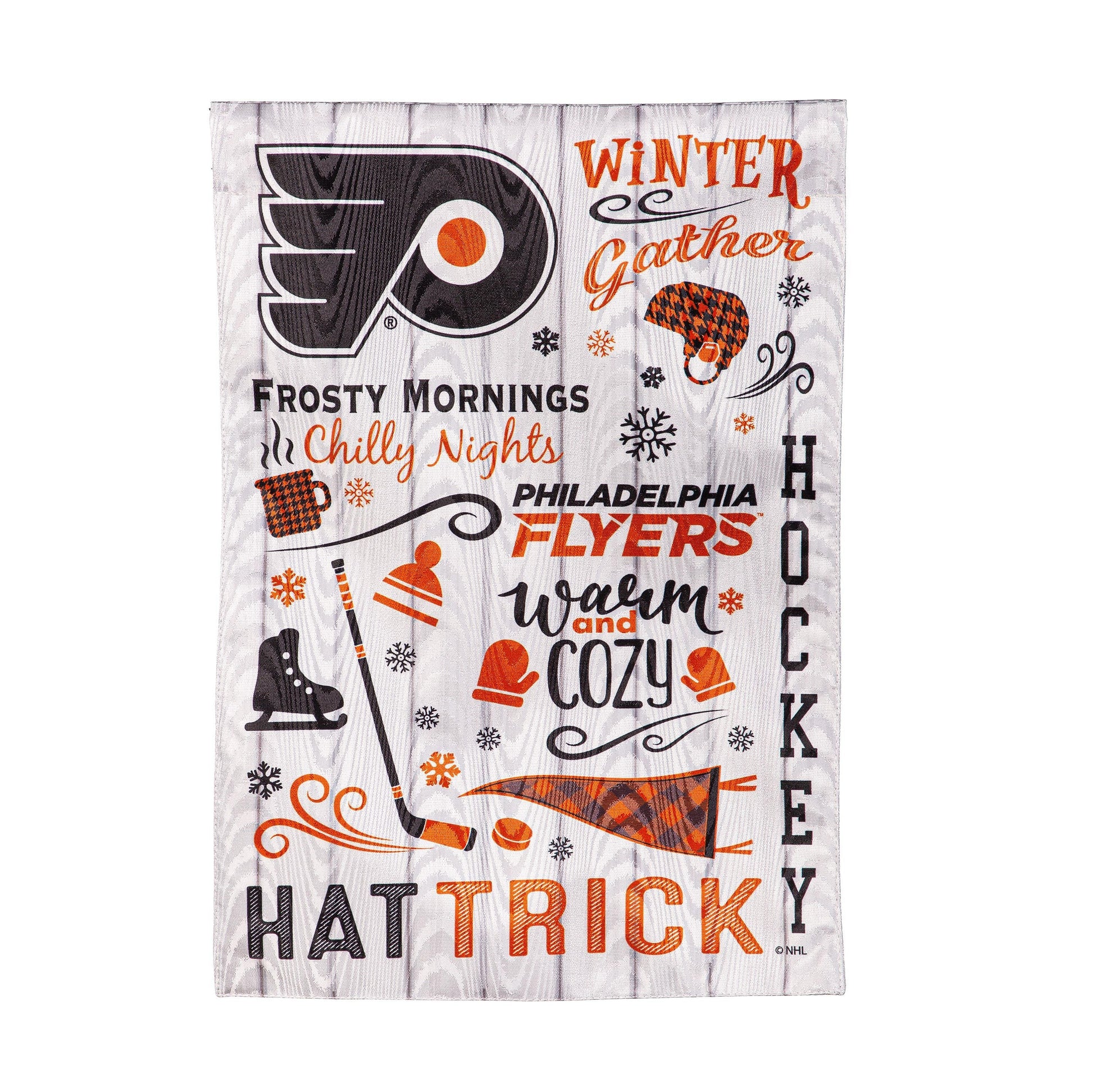 Moire flag with Philadelphia Flyers logo, winter text Frosty Mornings & Cozy Nights on Tampa Home & Garden Store
