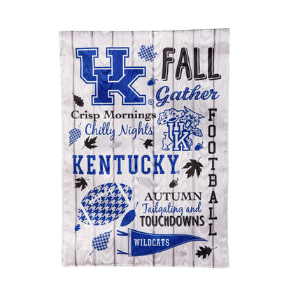 Moire flag featuring University of Kentucky branding with blue UK logo and fall motifs by Evergreen Enterprises on Tampa Home & Garden Store
