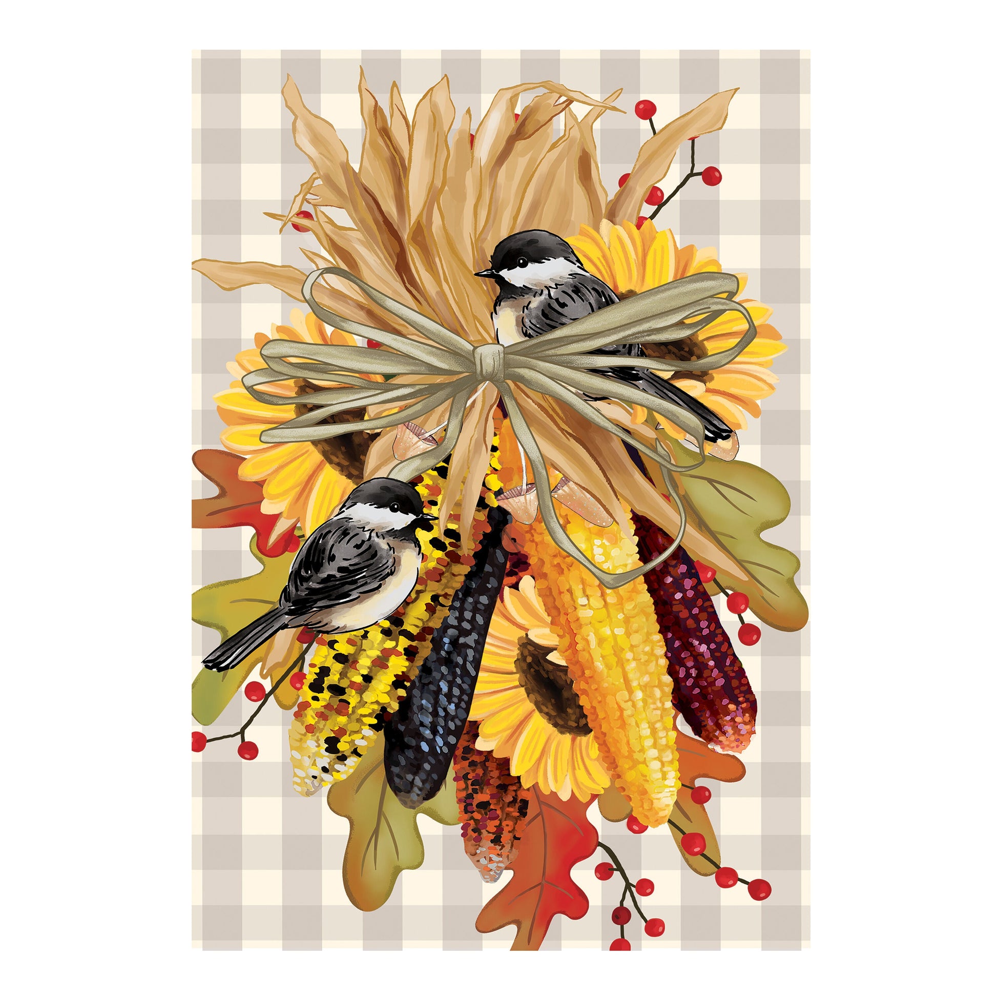 Ornamental Corn Burlap Flag with chickadees by Evergreen Enterprises Wholesale Collective on Tampa Home & Garden Store