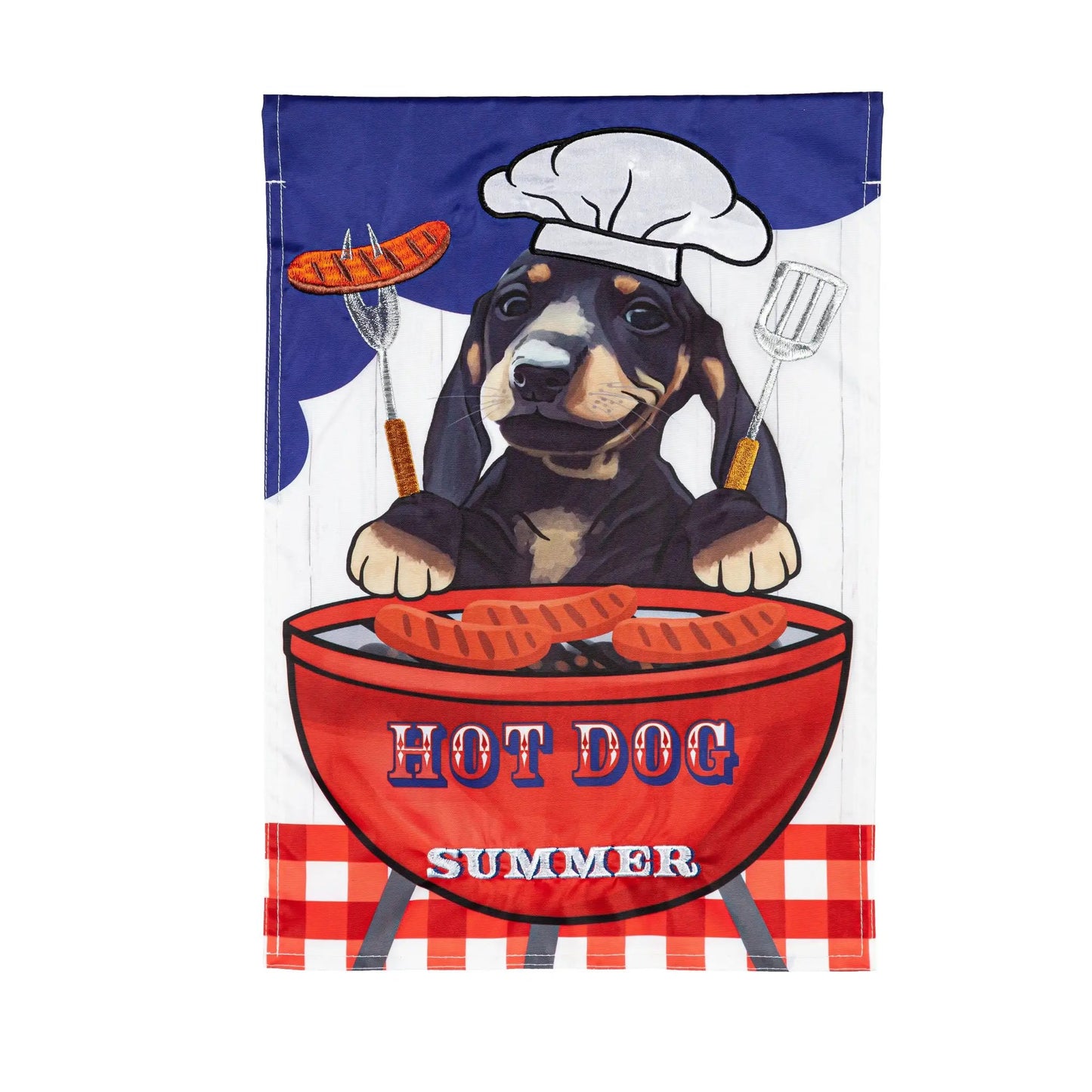 Hot Dog It's Summer Dachshund applique garden flag by Evergreen Enterprises weatherproof on Tampa Home & Garden Store