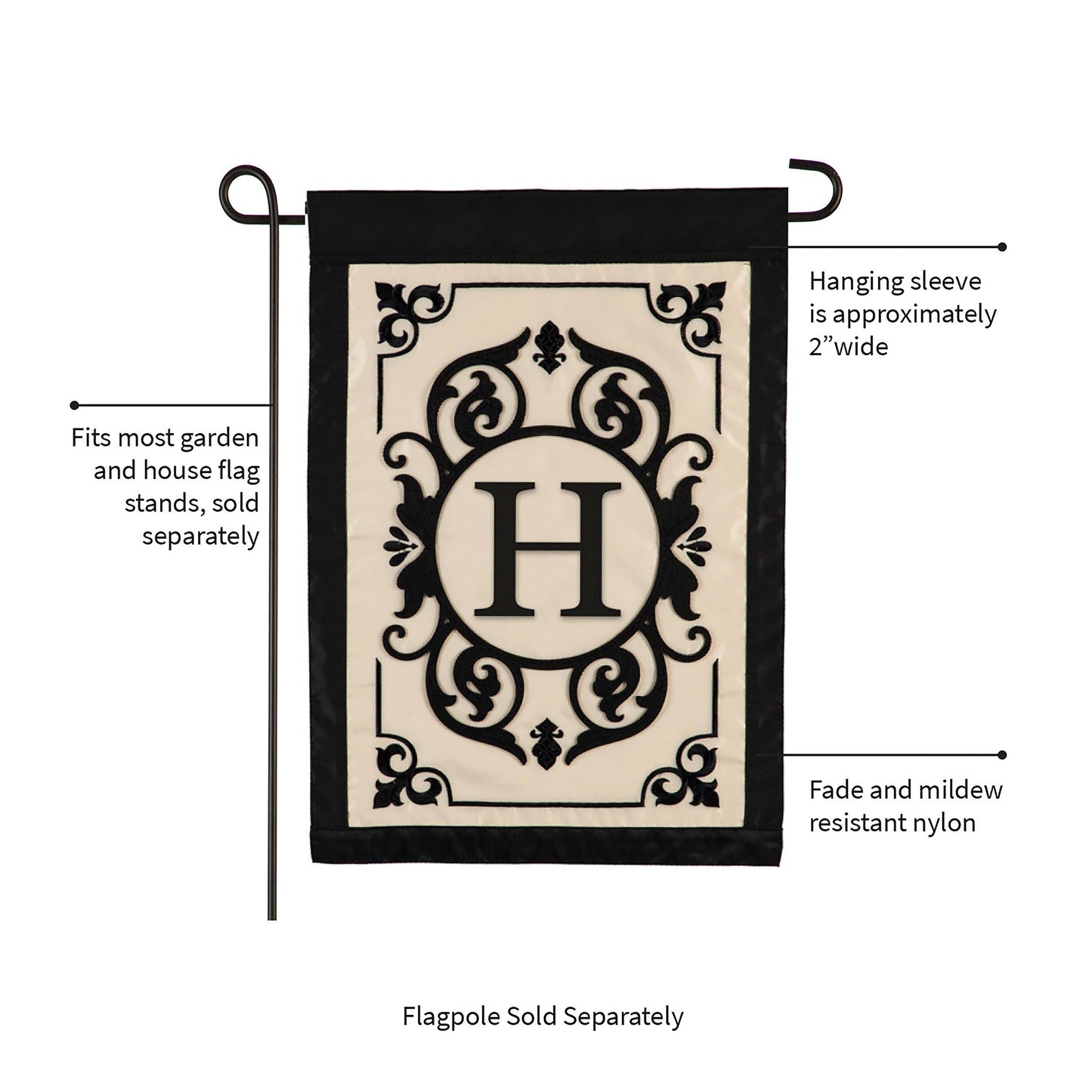 Evergreen Cambridge Monogram Garden Applique Flag H beige panel with black frame hanging sleeve on Tampa Home & Garden Store
