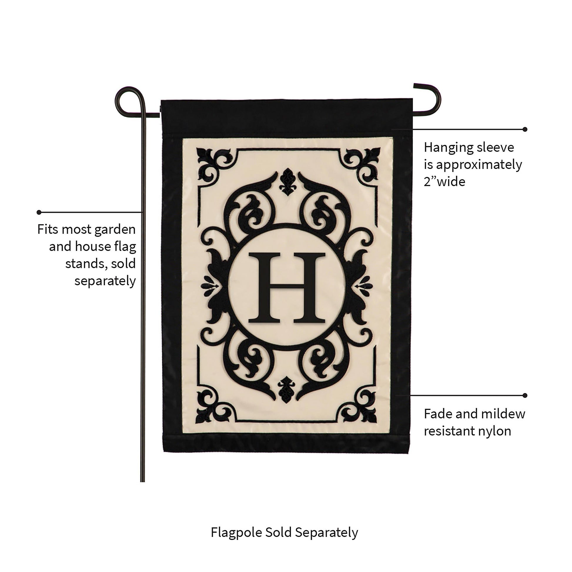 Evergreen Cambridge Monogram Garden Applique Flag H beige panel with black frame hanging sleeve on Tampa Home & Garden Store
