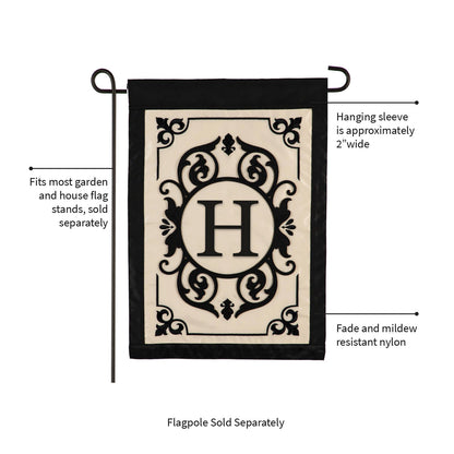 Evergreen Cambridge Monogram Garden Applique Flag H beige panel with black frame hanging sleeve on Tampa Home & Garden Store
