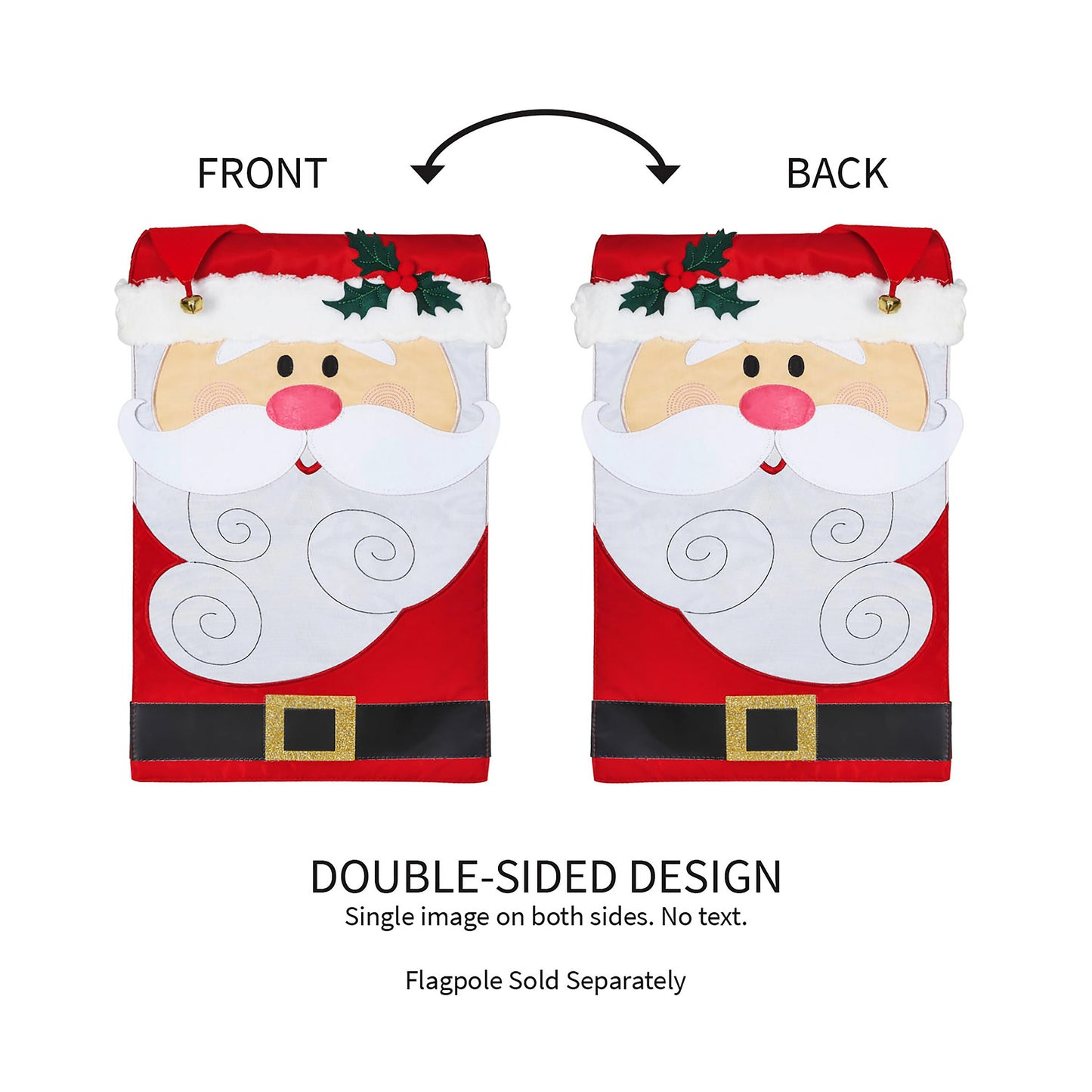Santa Claus garden applique flag, double-sided design, two Santa panels with holly accents on Tampa Home & Garden Store