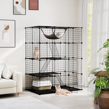 4-Tier Cat Cage with Skylight Hammock in black metal, 3 cats visible inside and on ramp on Tampa Home & Garden Store