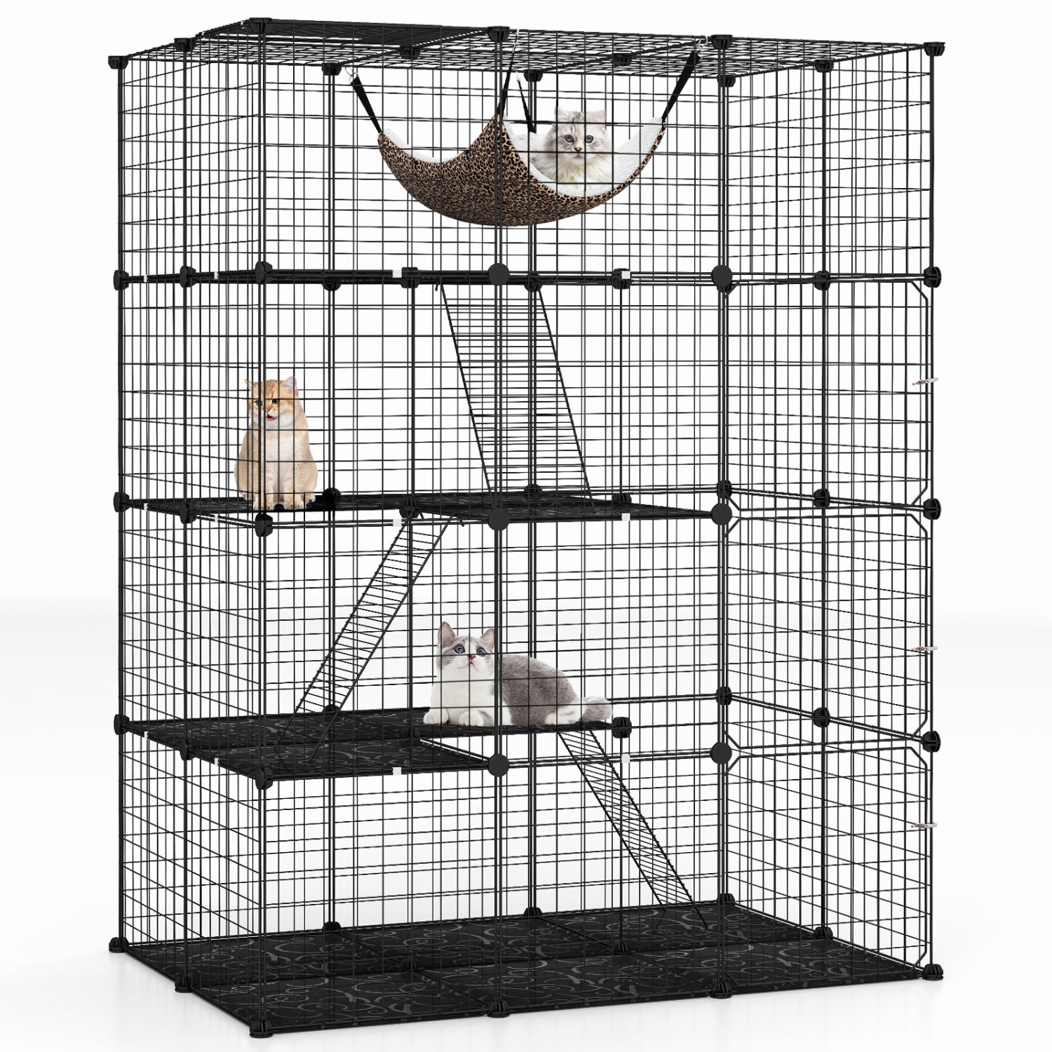 4-Tier Cat Cage with skylight and leopard print hammock, black metal frame for 1–4 cats on Tampa Home & Garden Store