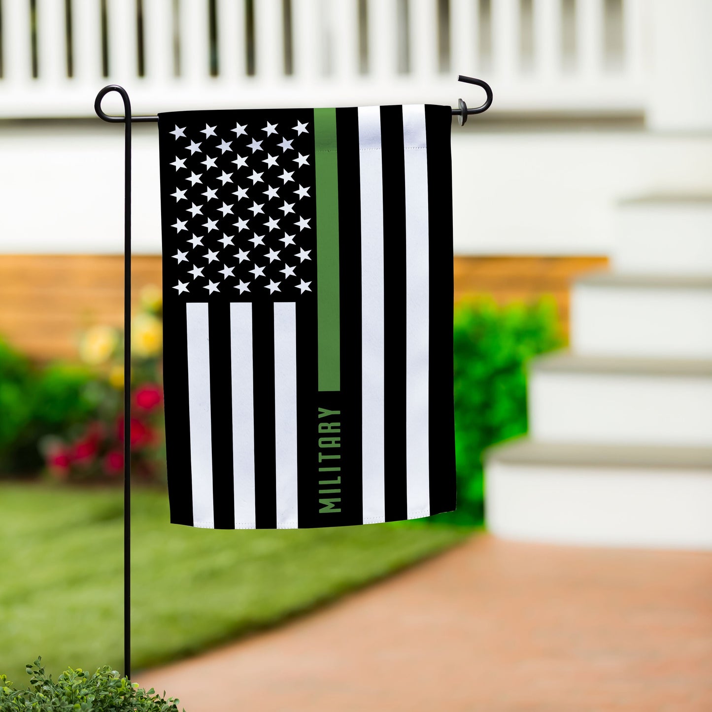 Military Thin Green Line garden suede flag with black-and-white stripes and a green stripe on Tampa Home & Garden Store