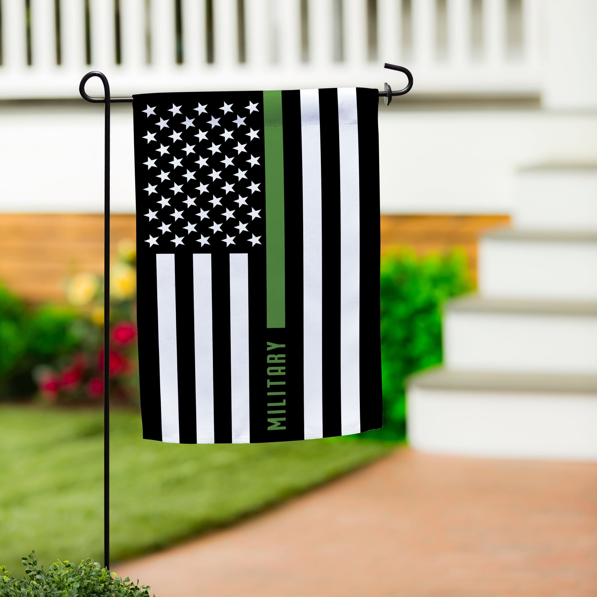 Military Thin Green Line garden suede flag with black-and-white stripes and a green stripe on Tampa Home & Garden Store