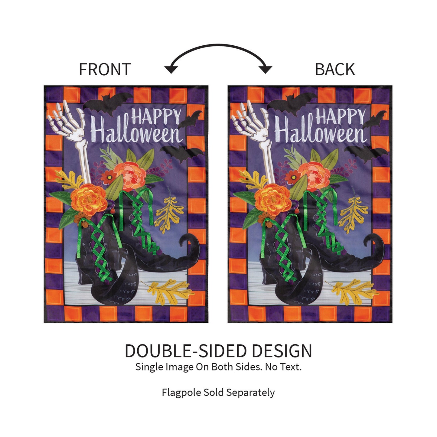 Happy Halloween Witches Boots applique garden flag purple orange border skeleton hand on Tampa Home & Garden Store