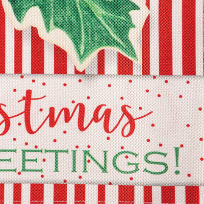 Christmas Greetings Burlap Garden Flag red script with green holly and red-striped border on Tampa Home & Garden Store