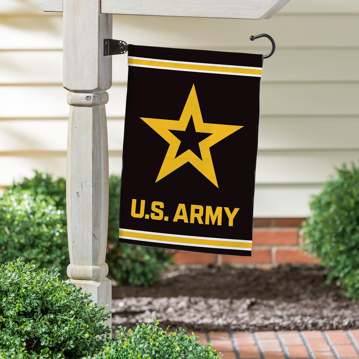 Embossed Suede Flag Army design with yellow star on banner, house size hanging from porch rail on Tampa Home & Garden Store