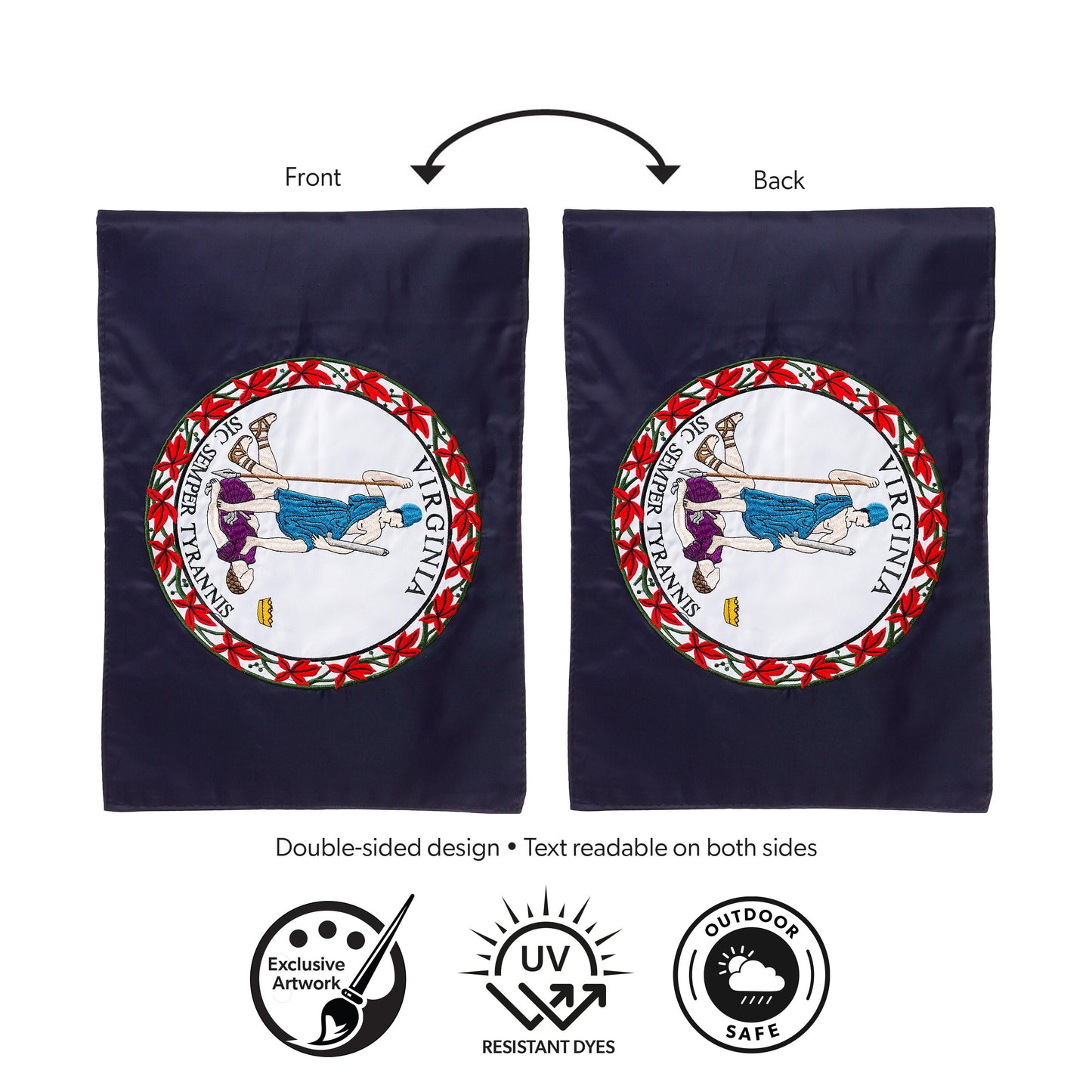 Virginia State Flag Garden Applique Flag pair by Evergreen Enterprises; navy blue flags with seal, double-sided on Tampa Home & Garden Store