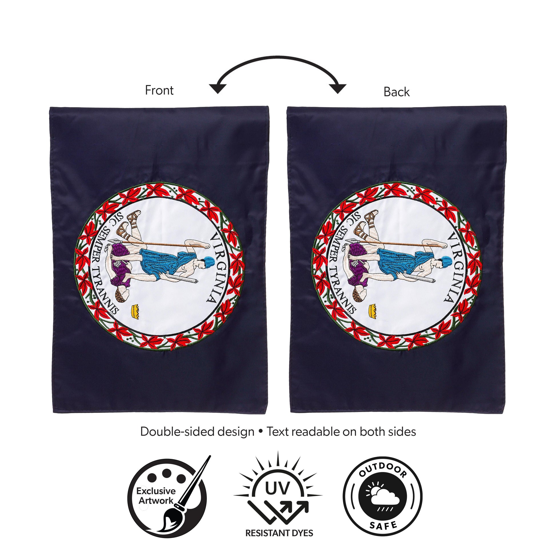 Virginia State Flag Garden Applique Flag pair by Evergreen Enterprises; navy blue flags with seal, double-sided on Tampa Home & Garden Store