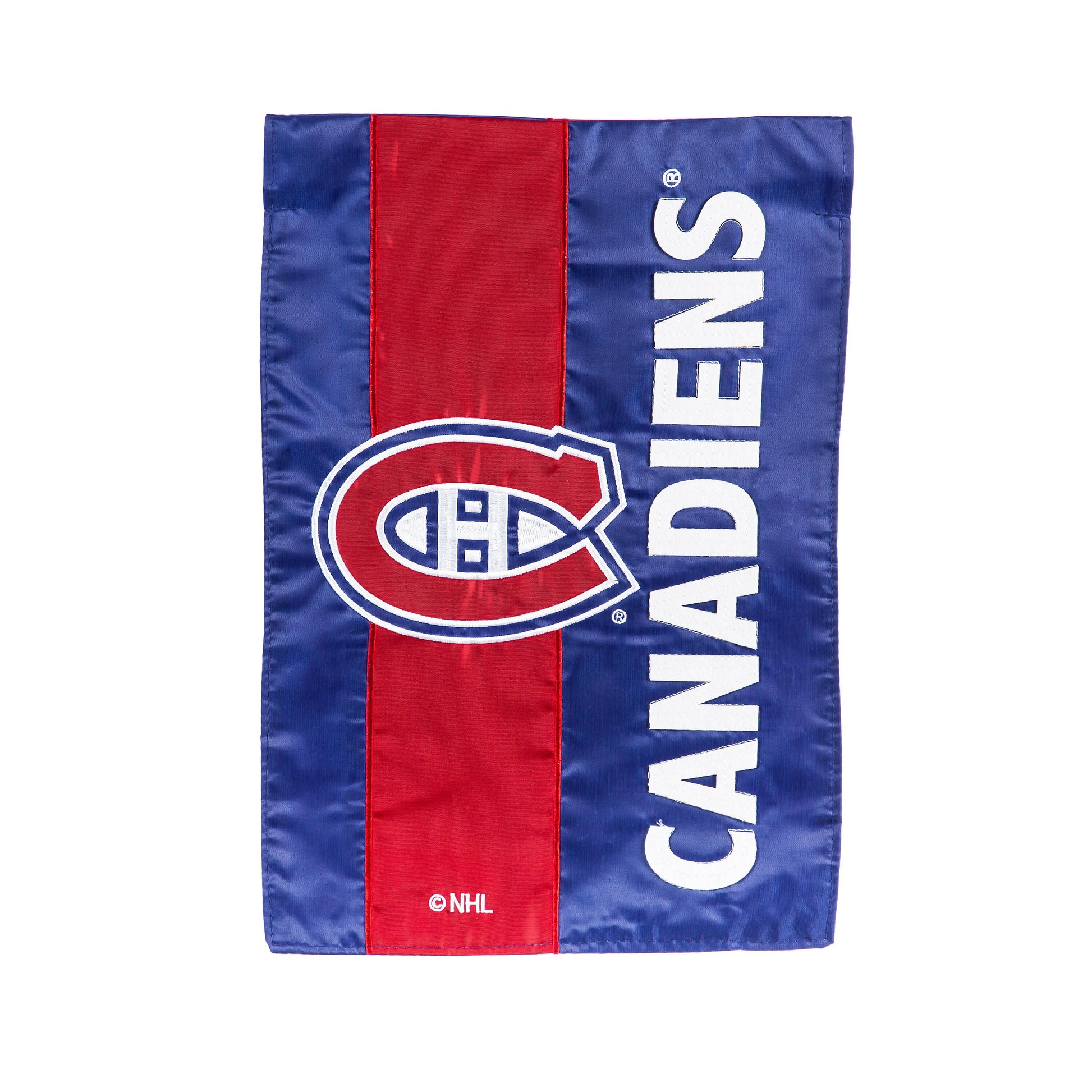 Montreal Canadiens embellished garden flag blue with red vertical stripe and white NHL emblem on Tampa Home & Garden Store