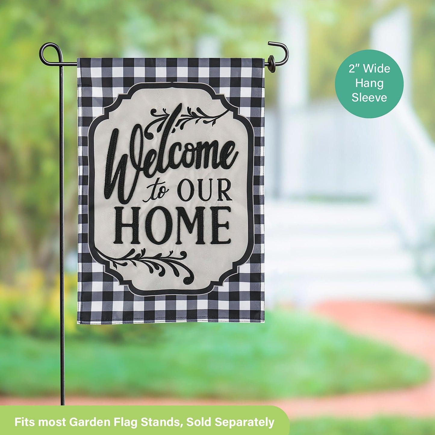Classic Welcome Home garden applique flag with black-and-white gingham border on Tampa Home & Garden Store