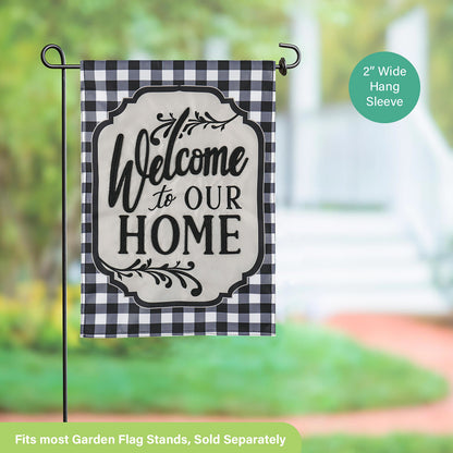 Classic Welcome Home garden applique flag with black-and-white gingham border on Tampa Home & Garden Store